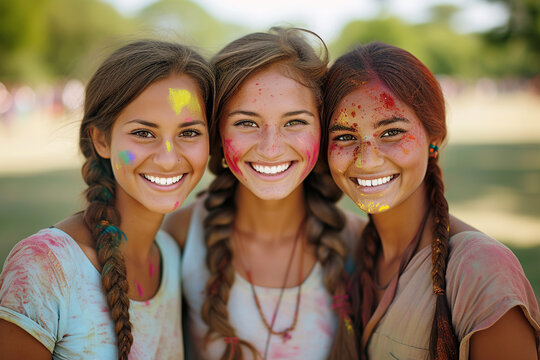 Three beautiful smiling girls with long braids and colorful powder on their faces and clothes celebrate the Holi festival.