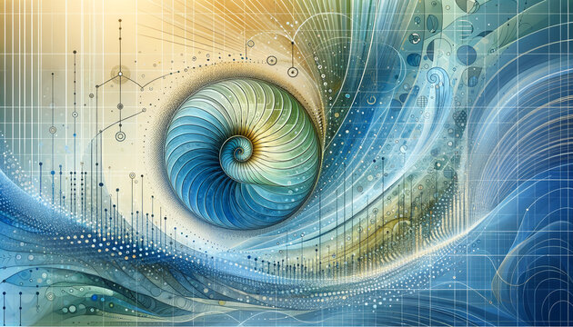 Tranquil Econometrics: Serene Fibonacci Spiral in Soothing Blues and Greens.