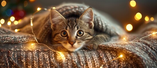 Tabby kitten resting on a cozy blanket on a sofa adorned with Christmas lights.