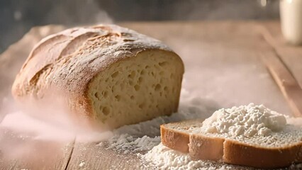 A loaf of hot freshly baked bread on a wooden table sprinkled with flour, the appetizing aroma of pastries wafts to all corners of the room. Generative AI
