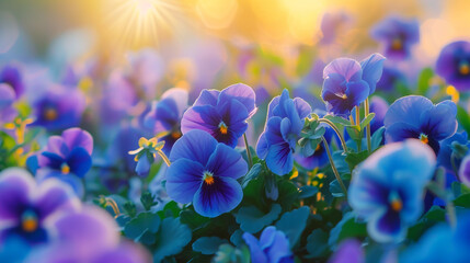Delicate blue pansy bloom in a flowerbed.