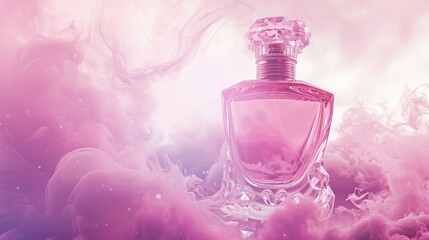 Obraz na płótnie Canvas Pink and purple-themed background with smoke wave effect complements the luxurious glass or crystal perfume bottle.