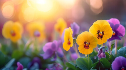 Yellow and purple viola tricolor on a flowerbed in golden lighting. - obrazy, fototapety, plakaty