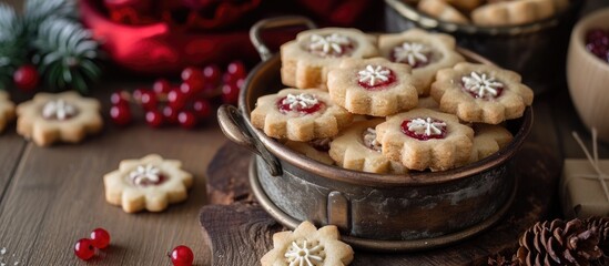 Linzer Christmas cookies with red currant marmalade in an old pot on a table.