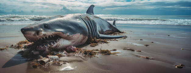 Dead shark lying on beach amid plastic pollution. Generative AI