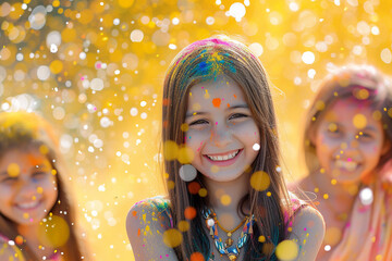 Smiling little girls with colored powder on their faces celebrate the festival of Holi.