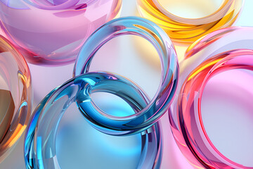 Naklejka premium Glass circle shapes with colorful reflections composition. 3d rendering illustration