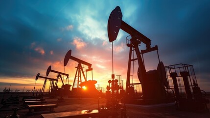 Sunset silhouettes of oil pumps. - obrazy, fototapety, plakaty