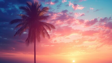 Flat icon design featuring a vintage filter background, showcasing the silhouette of a palm tree during a sunset. - obrazy, fototapety, plakaty