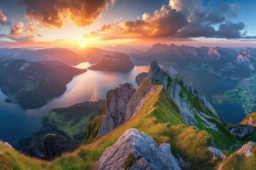 The Sun Setting Over a Mountain Range, A breathtaking panorama of mountains and lakes under a brilliant summer sunrise, AI Generated