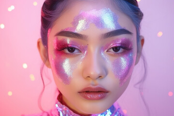 Surreal close-up of a woman with sparkling pink and silver makeup in a dreamlike setting with soft pink lighting.