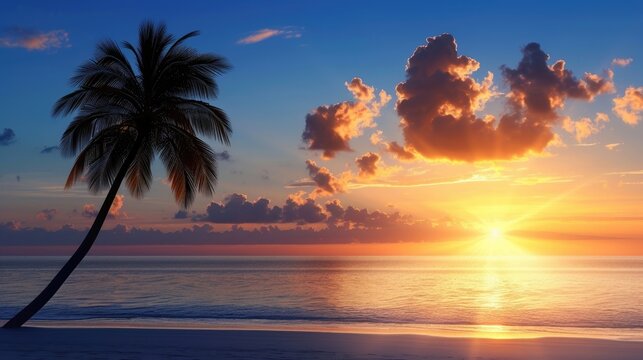 Flat icon design of palm tree silhouette against a sunset sky background on a beach.