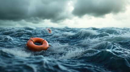 Orange life buoy floating in stormy ocean. - obrazy, fototapety, plakaty