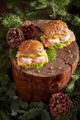 Fresh and healthy sandwich made of vegetables, eggs and ham.