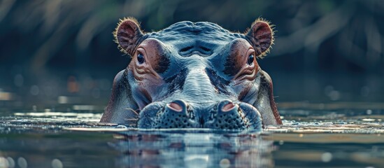 Amphibian hippopotamus head submerged in water.