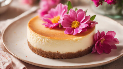 looking down plate of cheesecake, pink flowers everywhere, vintage look, cinematic lighting, food photography, beautiful, delicious food, recipe photography, realistic, natural light, colorful, food.