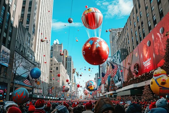 A large gathering of people walking down a street, which is filled with colorful balloons, A bustling scene of Macy's Thanksgiving Day Parade with giant balloons and crowds, AI Generated