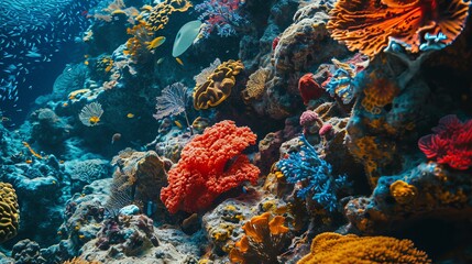 Fototapeta na wymiar Vibrant Underwater Coral Reef Texture Featuring Colorful Corals, Fish, and Marine Life in Clear Blue Water
