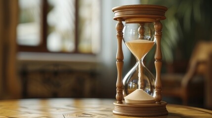 The sand in an hourglass on a table represents the passage of time. - obrazy, fototapety, plakaty