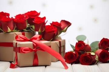 Valentines day gift boxes and roses on white wooden ground.