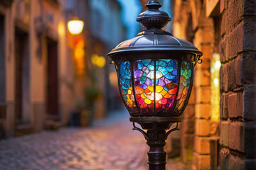 Old Streetlamp in a Cobblestone Alley, multicolor, bokeh