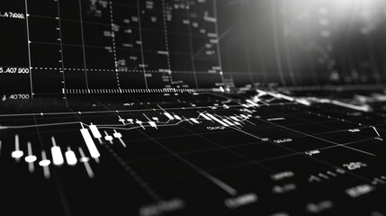 Black and white background hosts a widescreen abstract financial chart showcasing an uptrend line graph and candlestick.