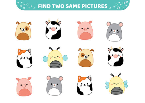 Farm squishmallow animals. Kawaii. Find two same pictures. Game for children. Cartoon, vector