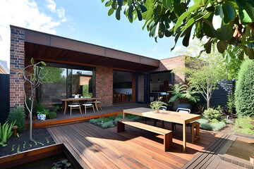 The renovation of a modern home extension in Melbourne includes the addition of a deck, patio, and courtyard area - obrazy, fototapety, plakaty