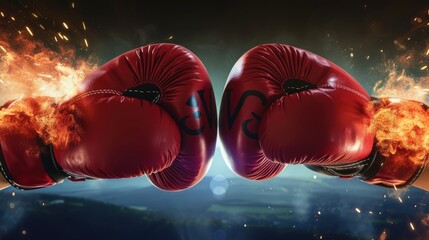 Large poster featuring fiery boxing gloves with ample space for text on either side. - obrazy, fototapety, plakaty