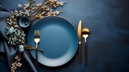 Christmas table setting blue plates and golden
