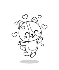 Coloring book. Jumping cat in love. Black and white kittens. Vector