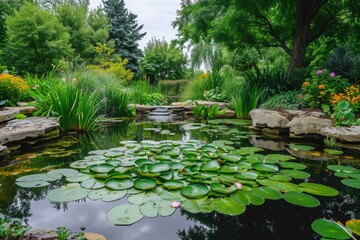 A pond with an abundance of water lilies floating on the surface, creating a vibrant and colorful scene, A charming, tranquil pond with lily pads, AI Generated