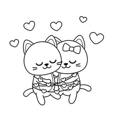 Coloring page. Hugging couple of kittens. Black and white cat. Vector