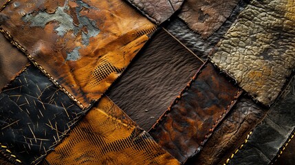Detailed Close-Up of Multi-Colored Textured Leather Patches Sewn Together Highlighting Rich Tones and Stitches