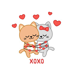 Hugging kittens. XOXO. Valentine day card. Kawaii, cartoon, vector
