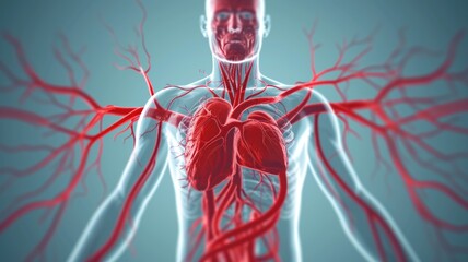 Detailed render of human circulatory system highlighting heart and major blood vessels with emphasis on arteries and veins where clots might form - obrazy, fototapety, plakaty