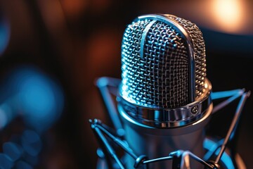 A detailed view of a microphone placed on a table, A close-up image of a professional grade...