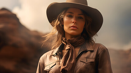 Portrait of a woman in the wild west in a cowboy outfit - obrazy, fototapety, plakaty