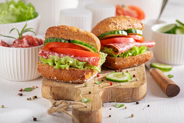 Delicious and fresh sandwich made of vegetables and salami.