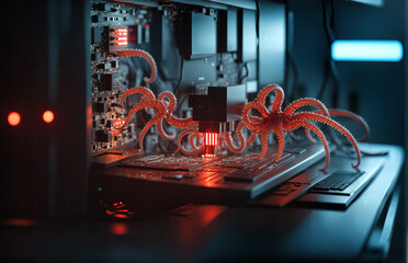 Monster  virus on a computer circuit board. 3d rendering