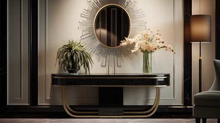 Opt for a statement console table with an art deco design and a glamorous mirror above it for a stylish entrancear