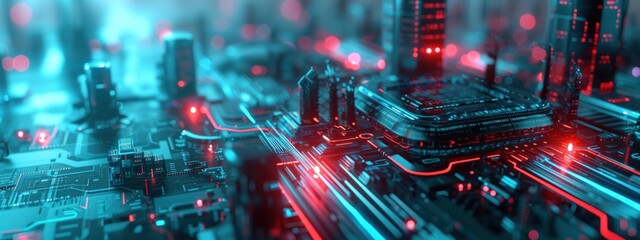 A city with a chip on a computer as a sign of technological progress. Generate AI image