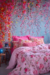 Beautiful girl's room decorated with pink romantic flowers. A large comfortable bed with pink bedding. Gentle and youthful. Happy Valentine's Day.