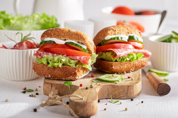 Fresh and healthy sandwich made of vegetables and salami.