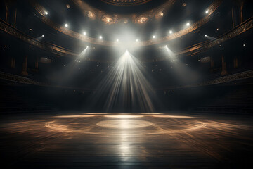An empty stage lit up by spotlights and surrounded by smoke, with space for messages or logos in...