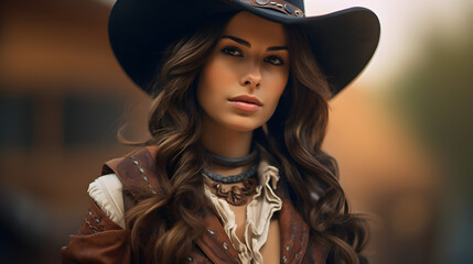 Portrait of a woman in the wild west in a cowboy outfit - obrazy, fototapety, plakaty