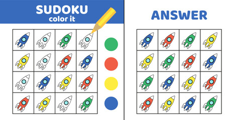 Sudoku with space rocket. Coloring sudoku with rocket. Cartoon