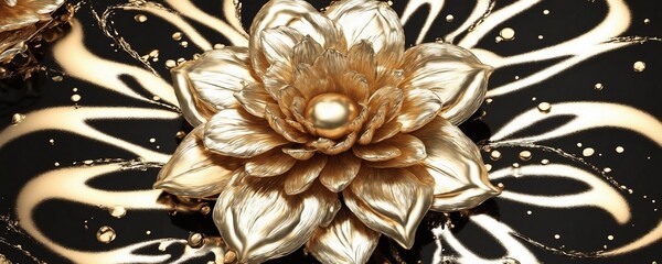 there is a gold flower with a pearl in it on a black surface
