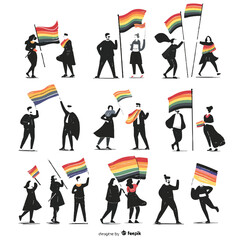 Optimistic LGBT people hold pride flags. Monochrome.