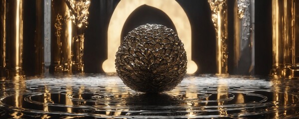 there is a golden pineapple sitting in a shiny room - Powered by Adobe